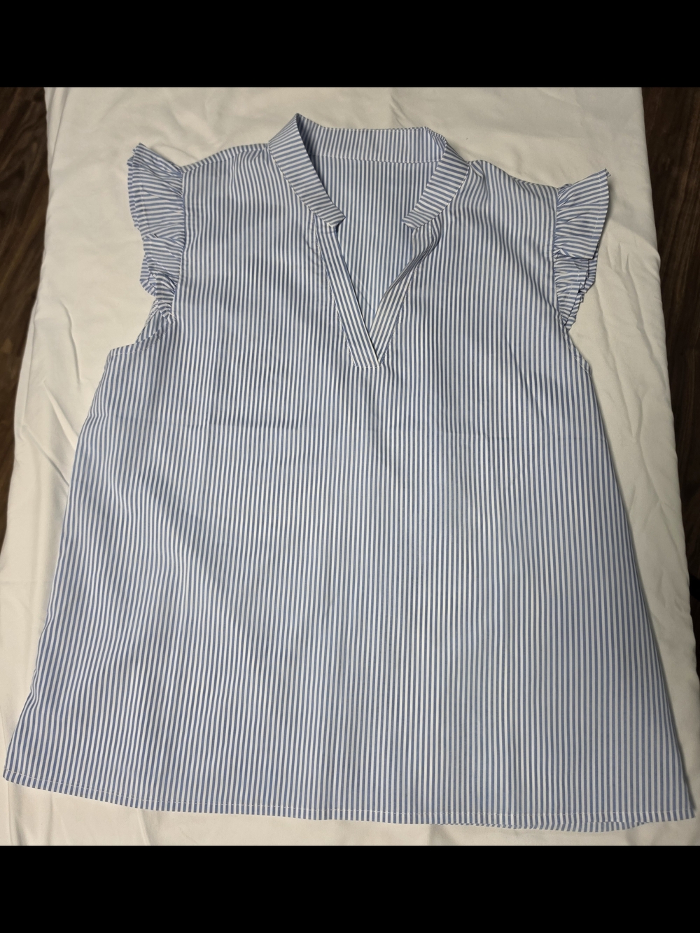 Blue and White Striped Ruffle Sleeve V-Neck Top